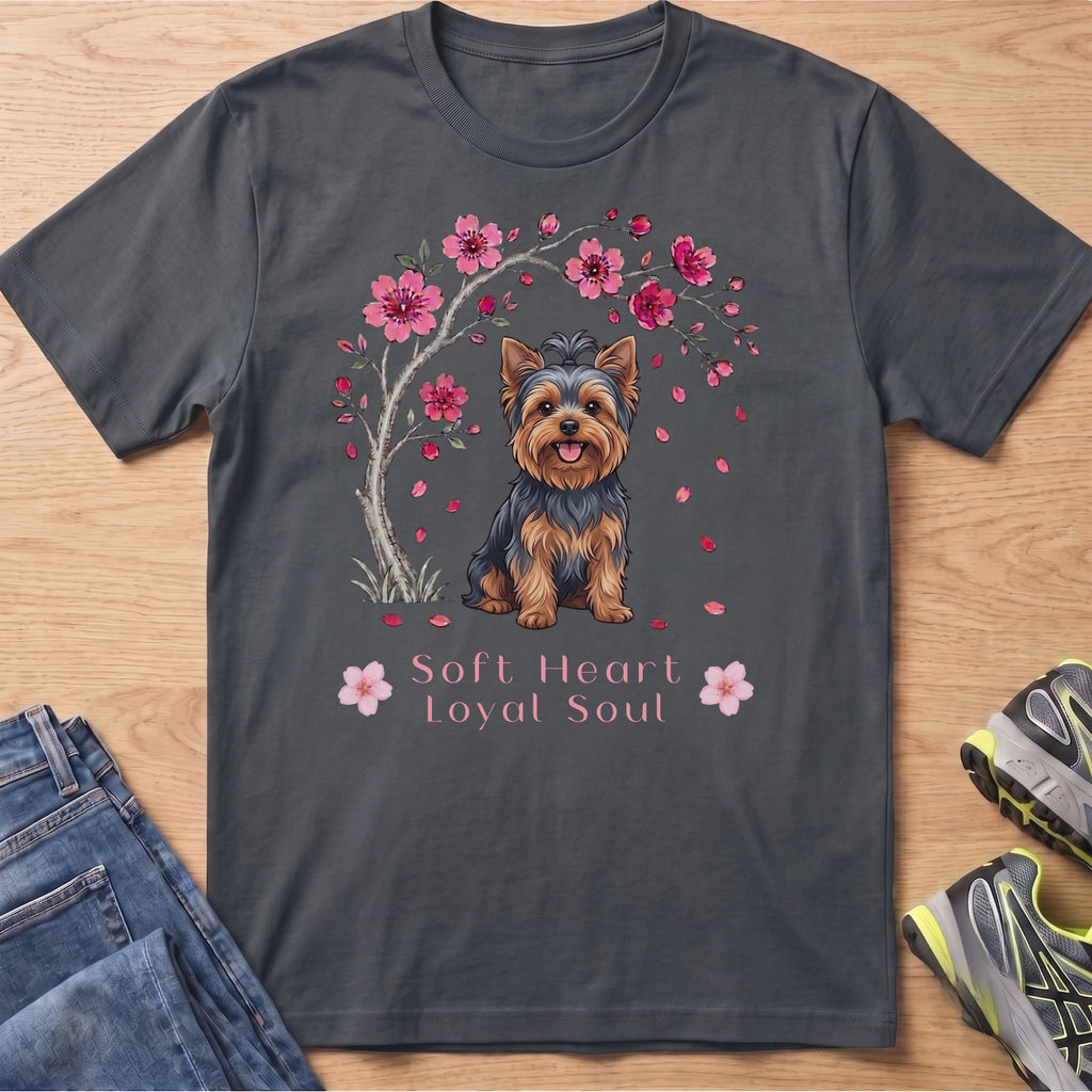Dark gray t-shirt with a Yorkshire Terrier and cherry blossoms. Text reads "Soft Heart Loyal Soul".