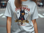 "Rescued Doberman Loyalty Club Adopted Protector" t-shirt graphic.