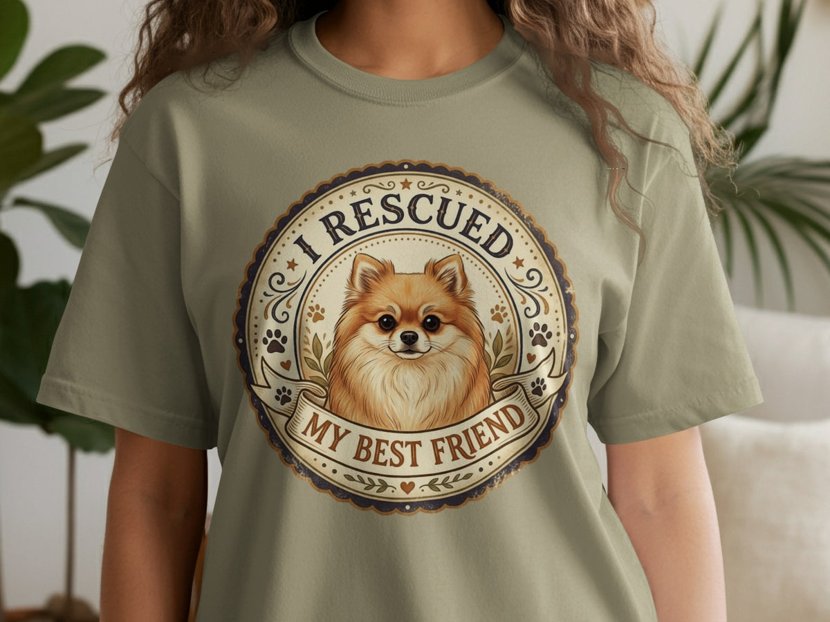 Pomeranian dog graphic with text "I Rescued My Best Friend" on a t-shirt.