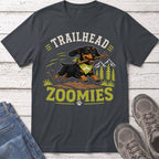 Dachshund with stick and bandana saying "Trailhead Zoomies" with mountains.