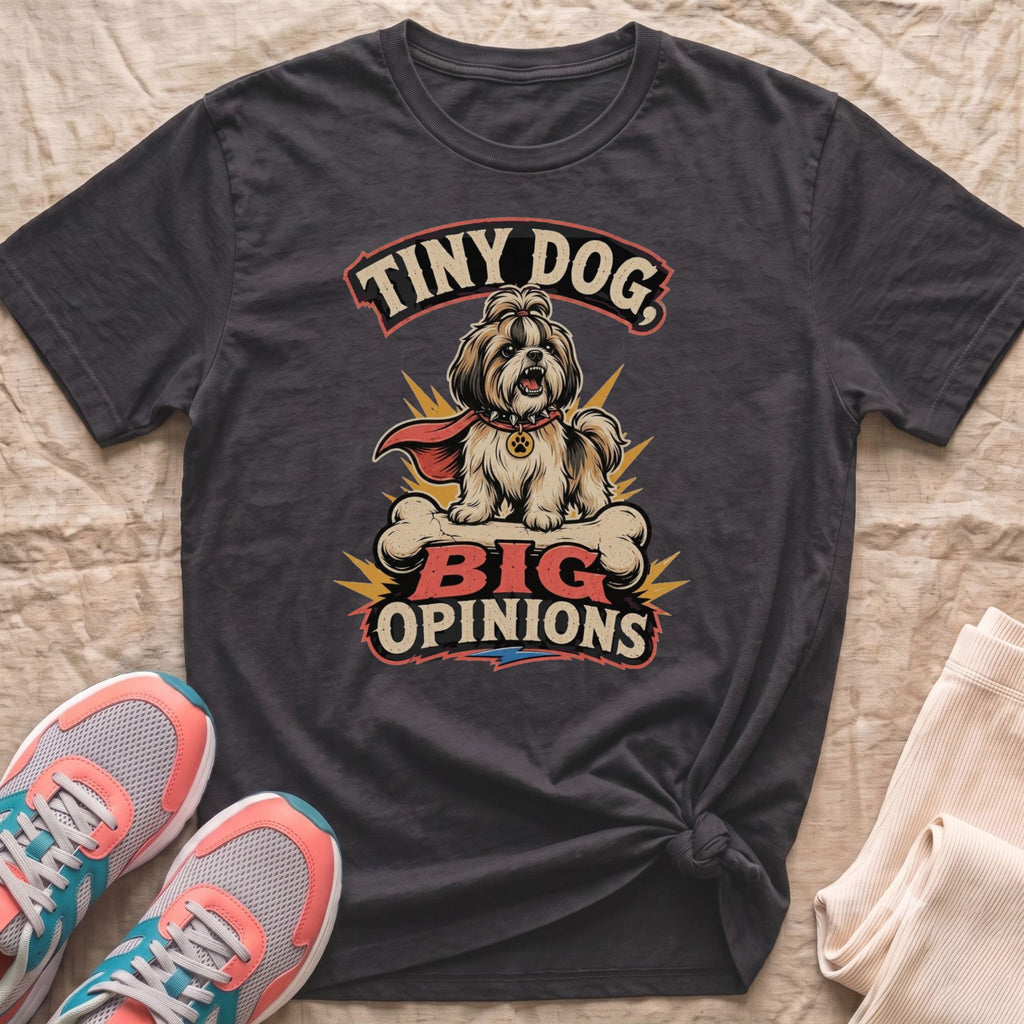 Dark gray t-shirt with "Tiny Dog, Big Opinions" graphic and dog illustration.