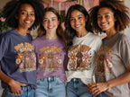 Four women wear matching graphic t-shirts with "Dog Mom Energy" and poodle graphic.