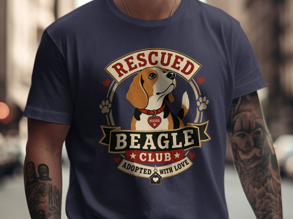 Beagle Club graphic with a Beagle dog, paw prints, and text "Rescued" and "Adopted with Love."