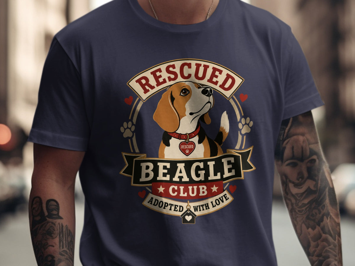 Beagle Club graphic with a Beagle dog, paw prints, and text "Rescued" and "Adopted with Love."
