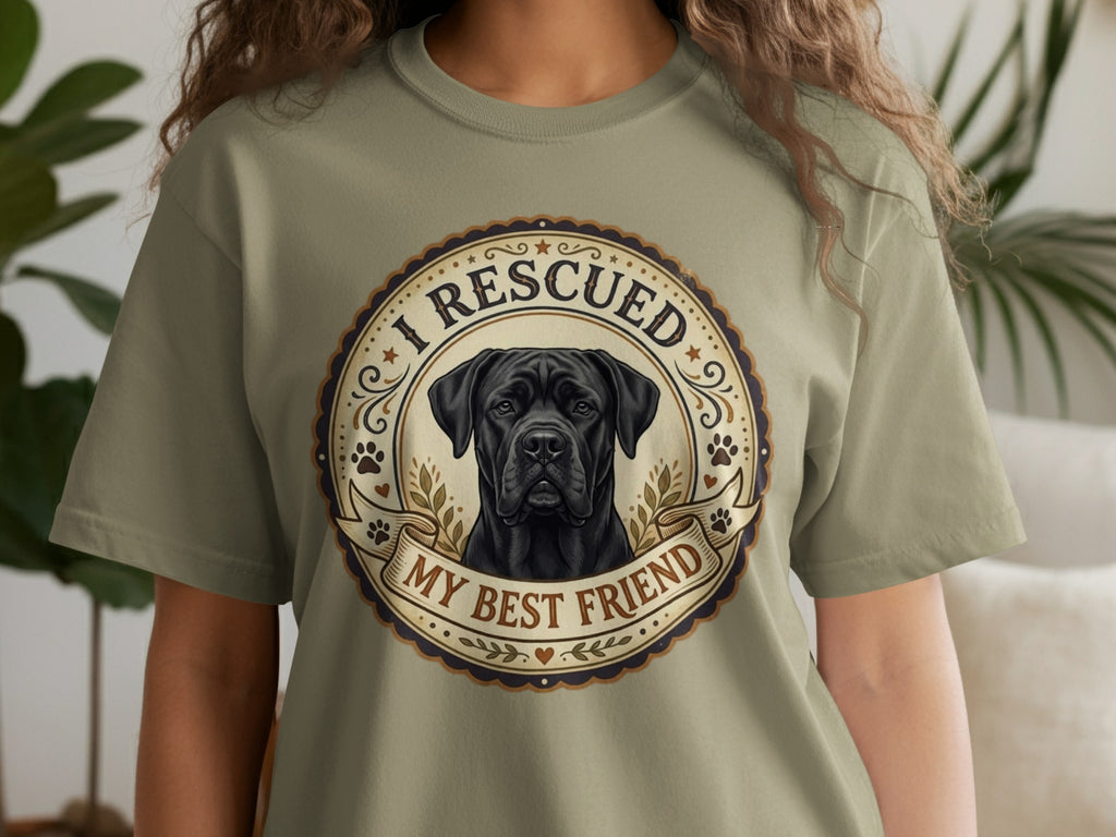 T-shirt with black dog illustration and text "I RESCUED MY BEST FRIEND".