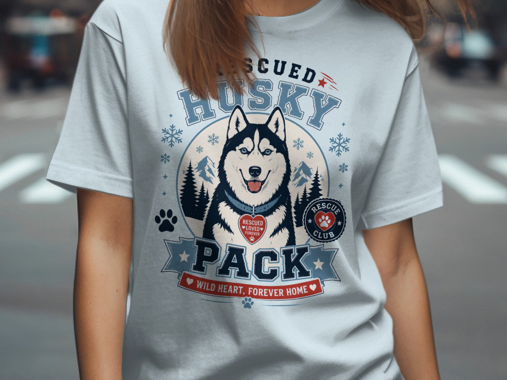Rescued Husky Pack t-shirt with a husky dog graphic and text.