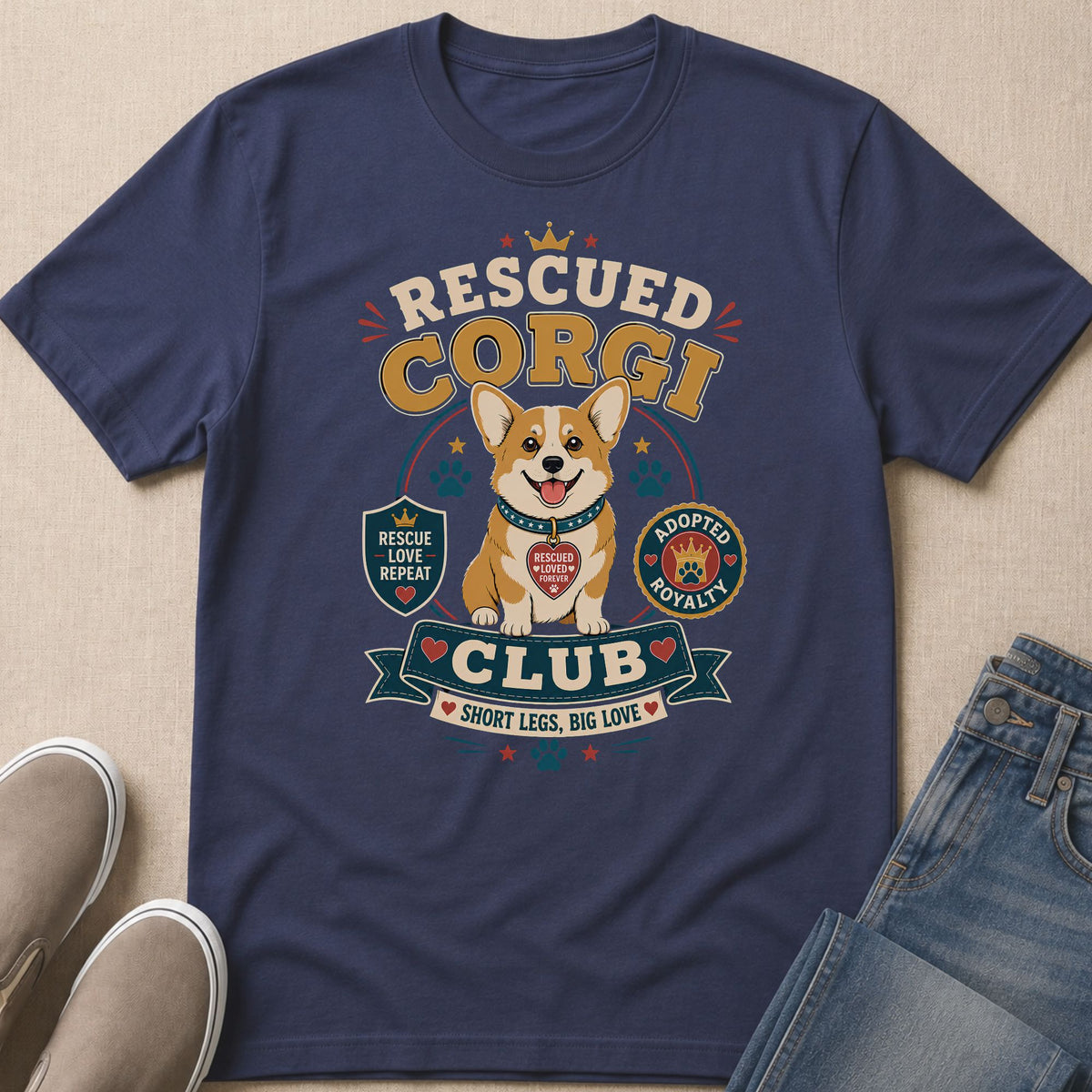 Navy t-shirt with "Rescued Corgi Club" graphic featuring a corgi and playful text.