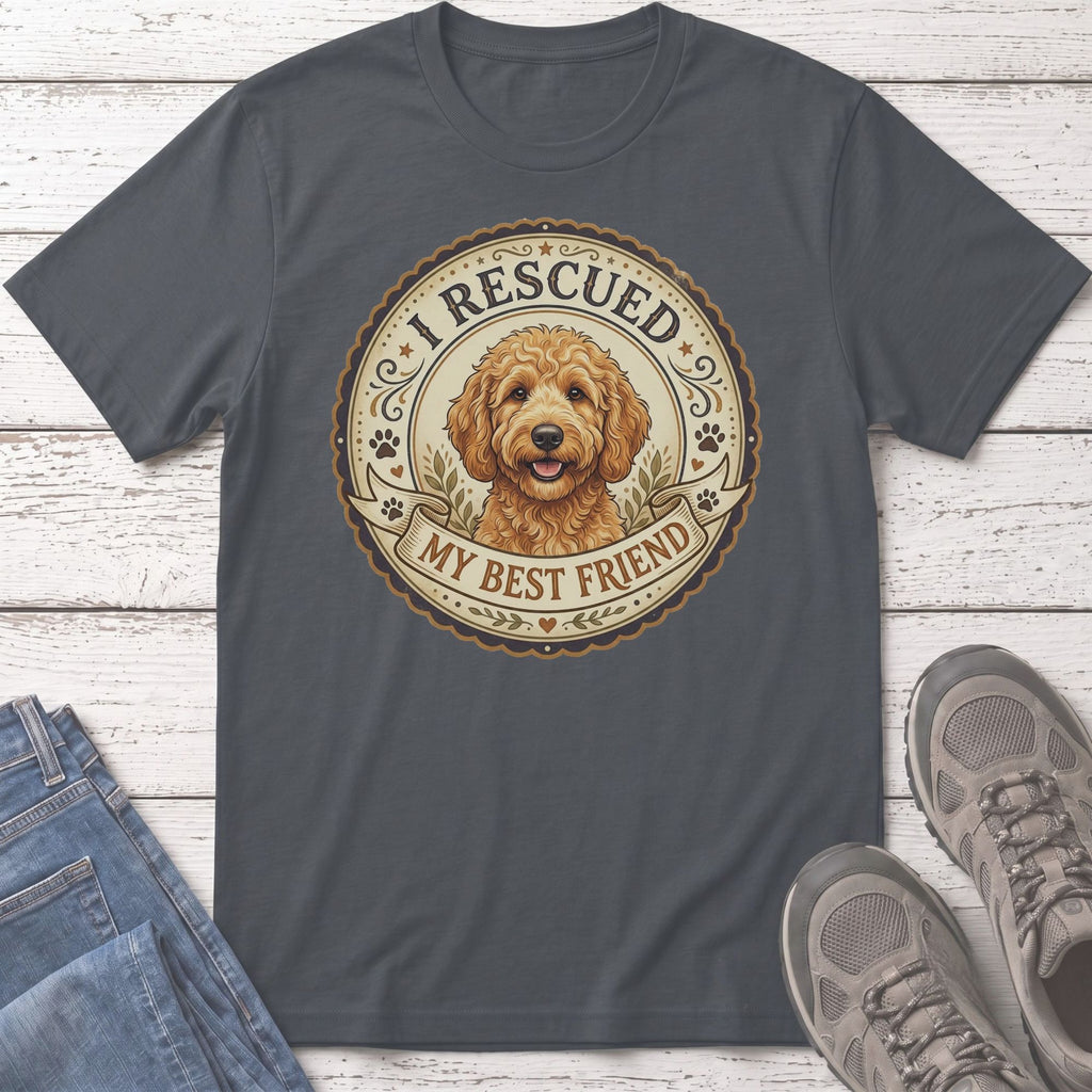 Dark grey t-shirt with a circular graphic of a doodle dog and the text "I RESCUED MY BEST FRIEND".