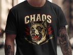 Black t-shirt with "CHAOS" text above an angry pit bull and barbed wire graphic.