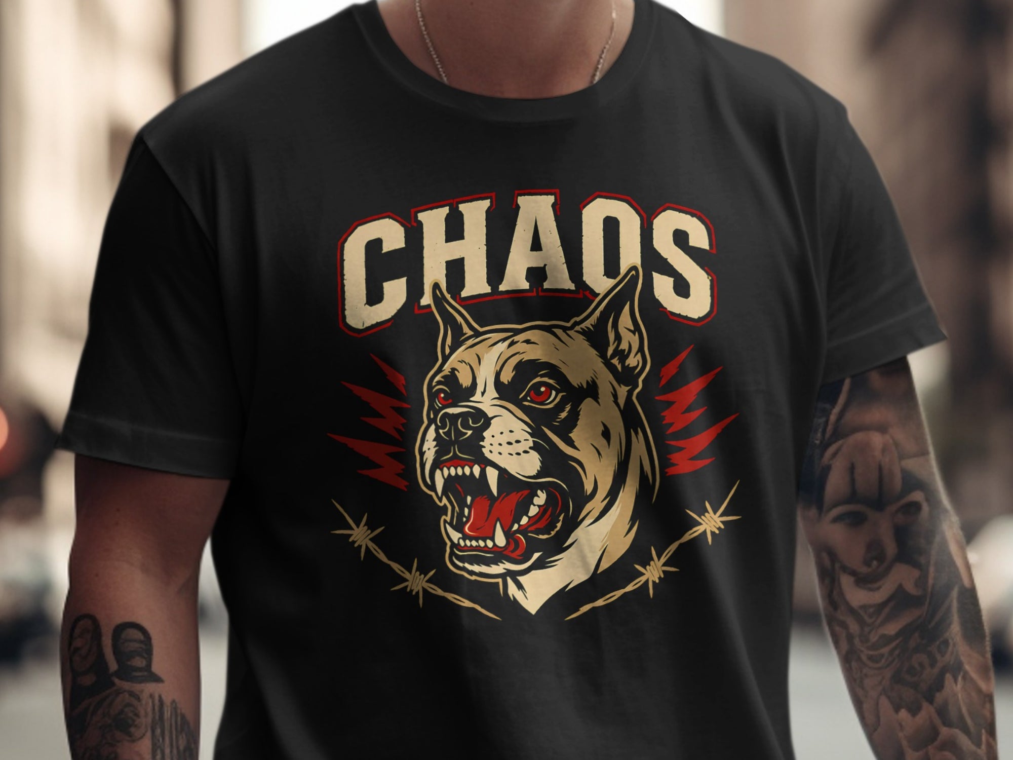 Black t-shirt with "CHAOS" text above an angry pit bull and barbed wire graphic.