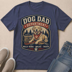 Golden retriever on t-shirt with "Dog Dad Department" text, leash, and tennis ball.