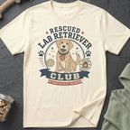Rescued Lab Retriever Club graphic with dog, tennis ball, and rescue logo.