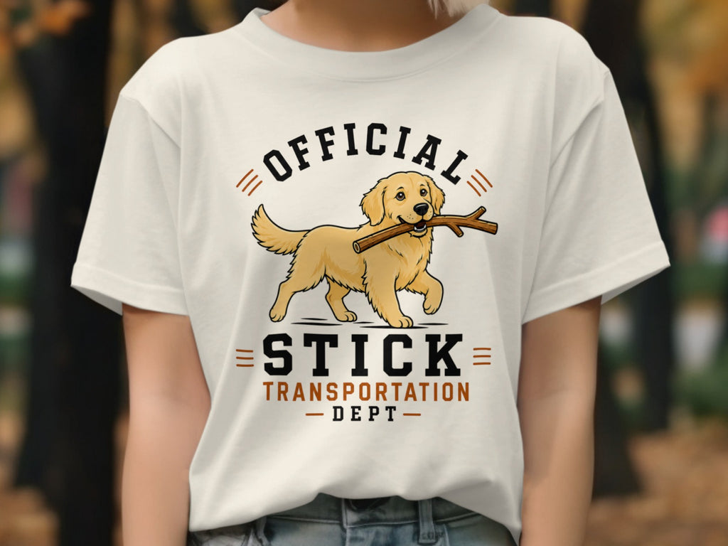 Golden retriever with stick and text "Official Stick Transportation Dept".
