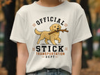 Golden retriever with stick and text "Official Stick Transportation Dept".