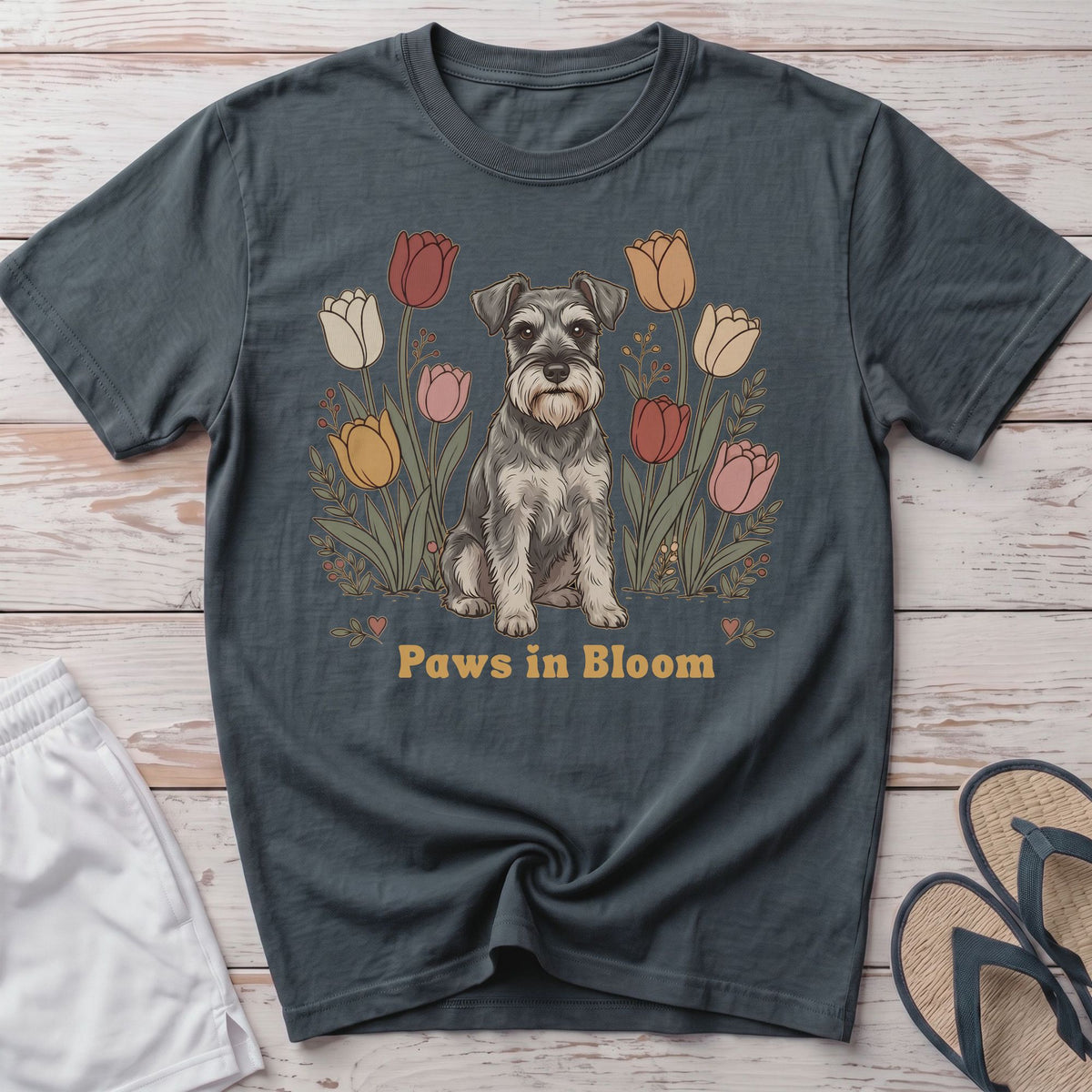 Schnauzer dog surrounded by tulips with text "Paws in Bloom."