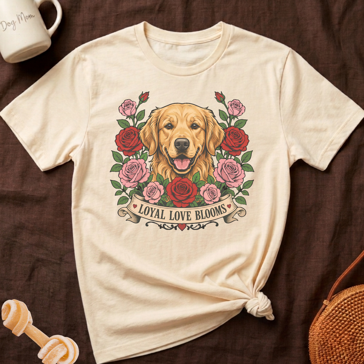 Cream t-shirt with golden retriever surrounded by red and pink roses. Text: Loyal Love Blooms.