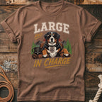 Bernese Mountain Dog wearing sunglasses and a "The Boss" tag, with text "Large and in Charge".