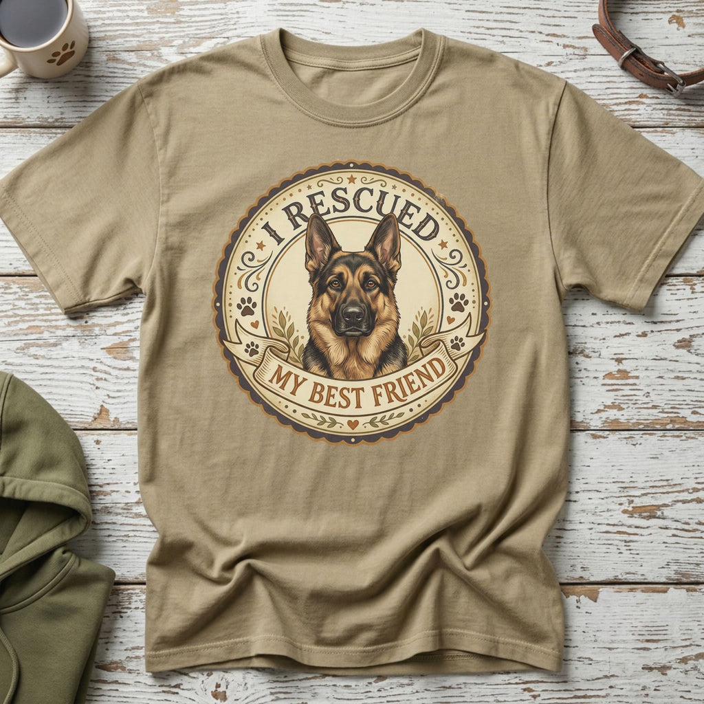 T-shirt with German Shepherd graphic saying "I RESCUED MY BEST FRIEND".
