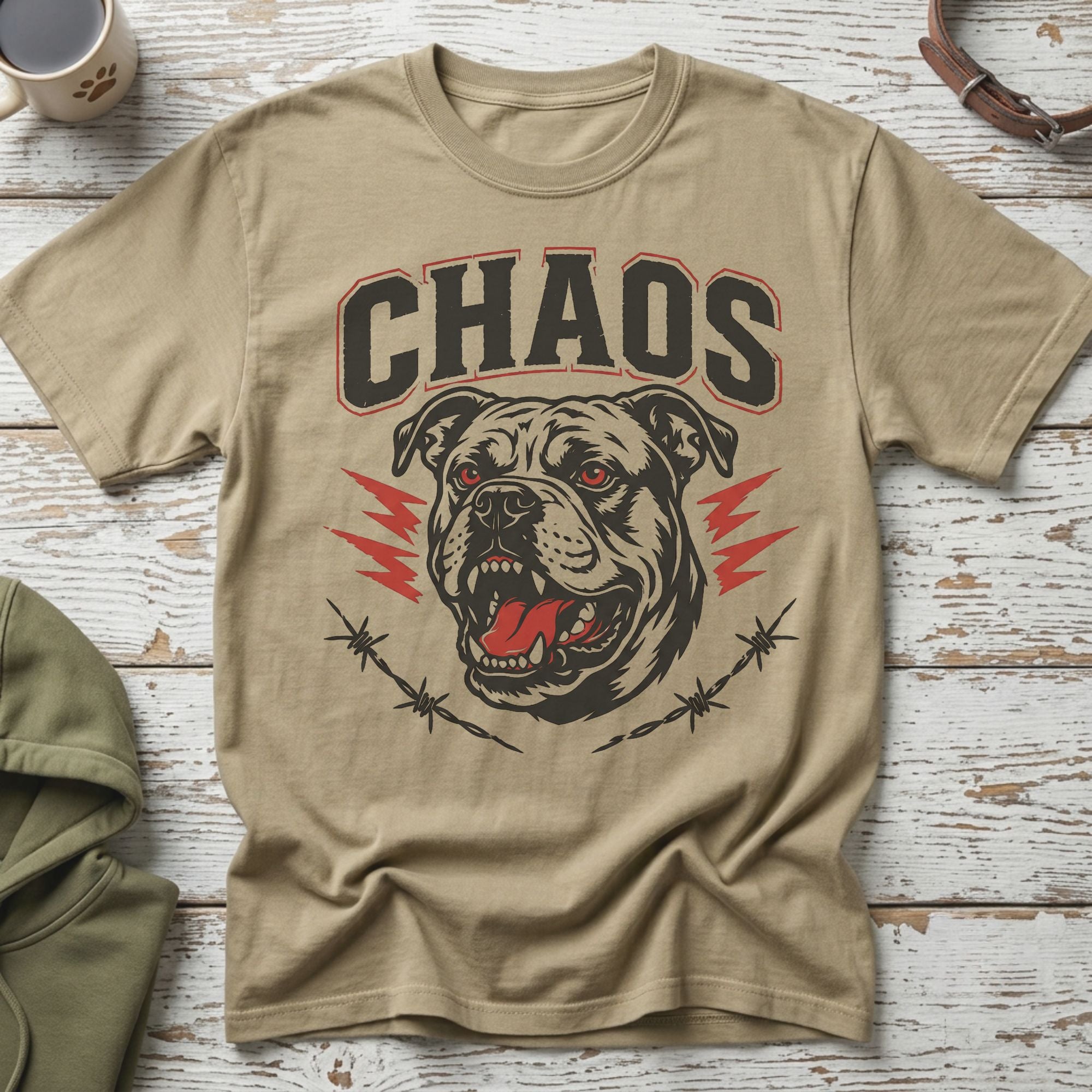 Tan t-shirt with "CHAOS" text and a fierce bulldog graphic surrounded by barbed wire.