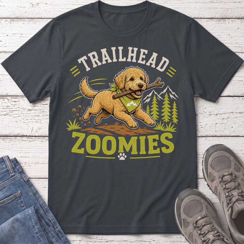 T-shirt graphic: Golden doodle running with stick, text "TRAILHEAD ZOOMIES".