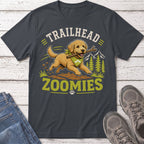 T-shirt graphic: Golden doodle running with stick, text "TRAILHEAD ZOOMIES".