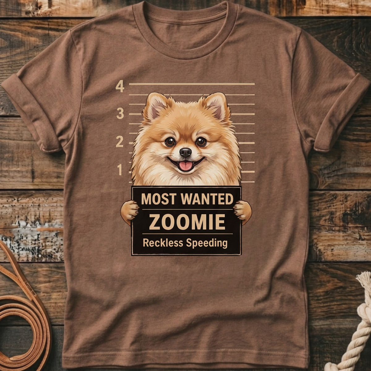 T-shirt with a Pomeranian dog mugshot holding a "Most Wanted Zoomie" sign.