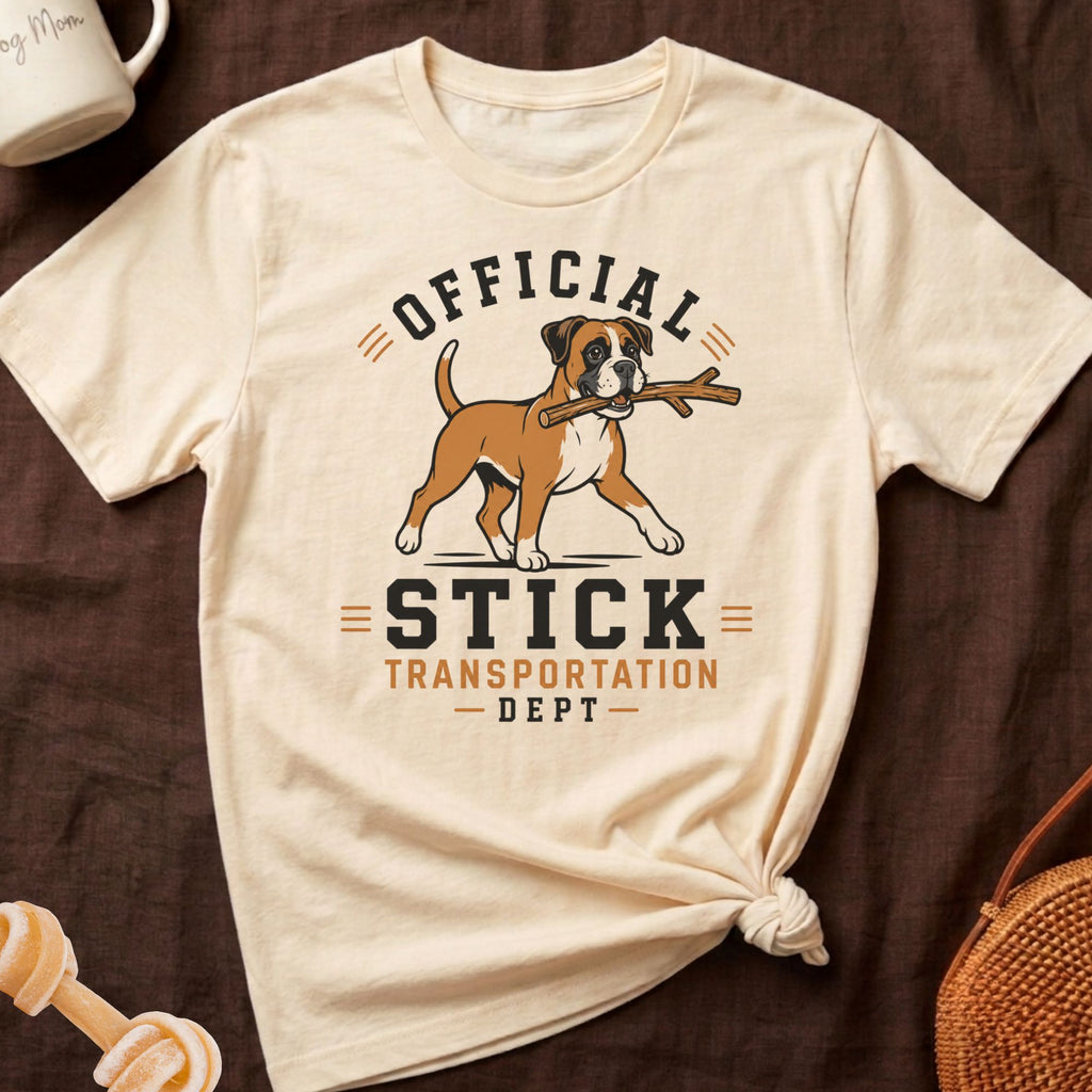Cream t-shirt with boxer dog graphic and text "OFFICIAL STICK TRANSPORTATION DEPT."