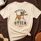Cream t-shirt with boxer dog graphic and text "OFFICIAL STICK TRANSPORTATION DEPT."