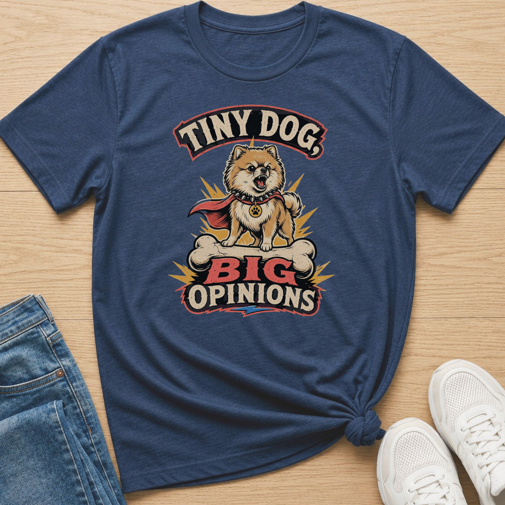 Navy t-shirt with graphic "Tiny Dog, Big Opinions" and a Pomeranian on a bone.