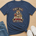 Navy t-shirt with graphic "Tiny Dog, Big Opinions" and a Pomeranian on a bone.
