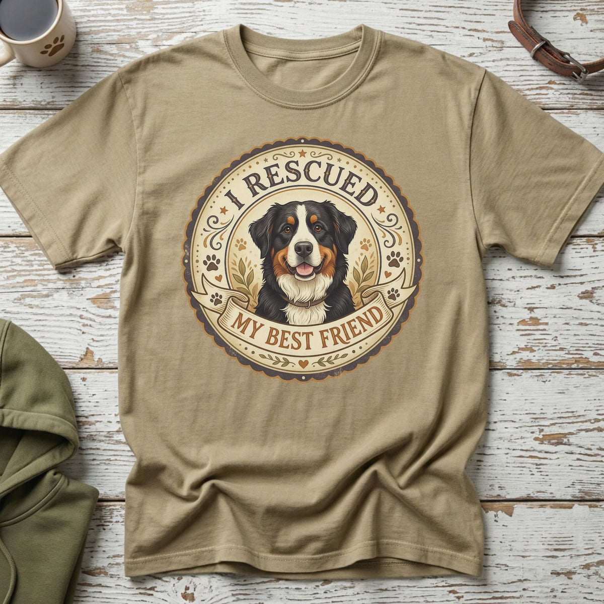 Bernese Mountain Dog graphic t-shirt with text "I RESCUED MY BEST FRIEND".
