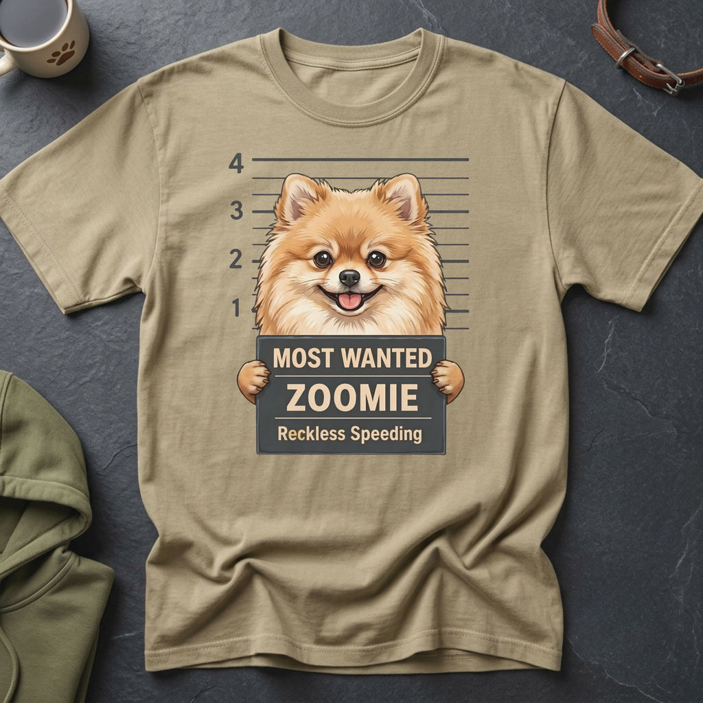 T-shirt featuring a Pomeranian dog in a mugshot with text "Most Wanted Zoomie Reckless Speeding".