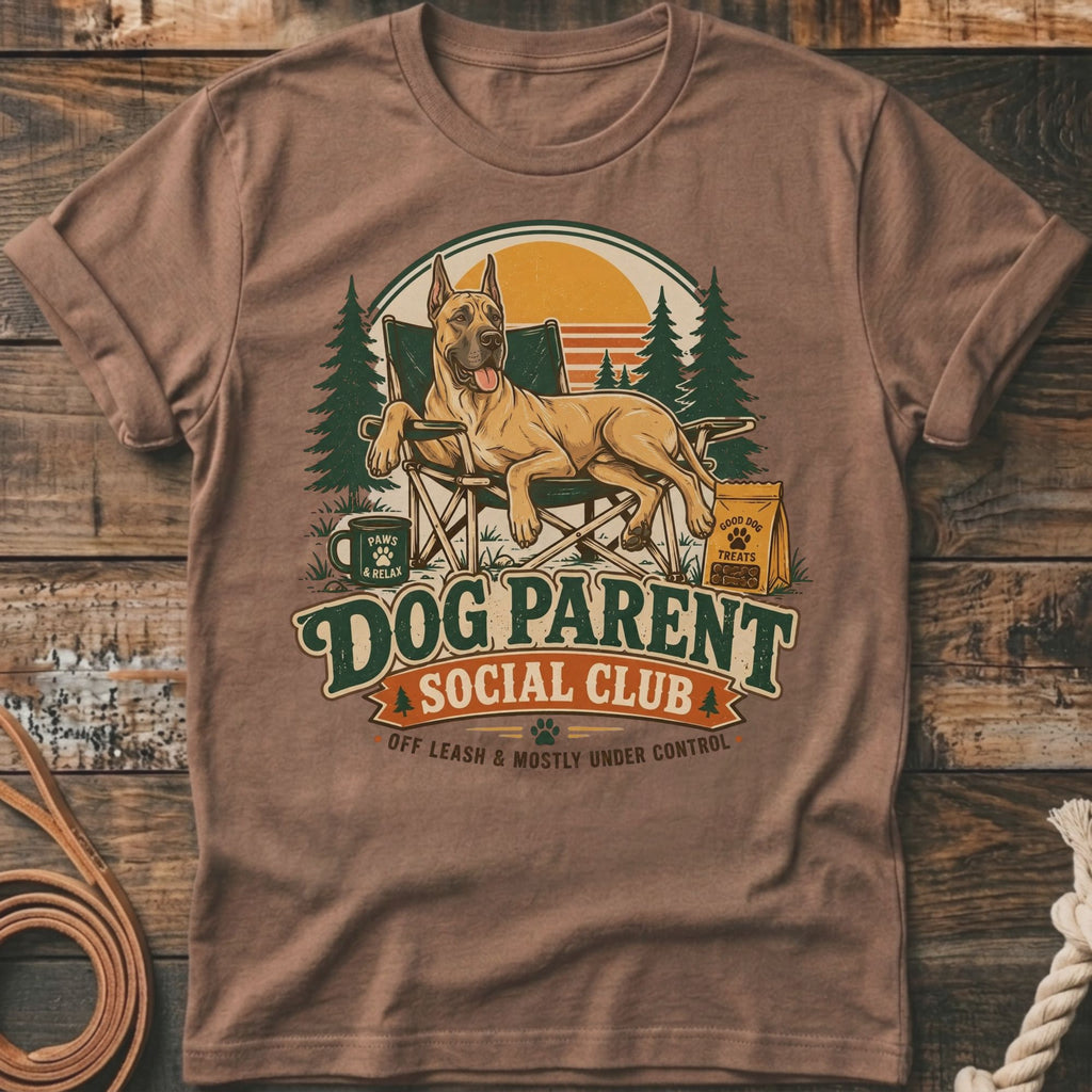 Great Dane on a lawn chair with "Dog Parent Social Club" text.