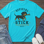 Teal t-shirt with a dachshund holding a stick, reading "OFFICIAL STICK TRANSPORTATION DEPT".