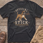 Dark t-shirt with "Official Stick Transportation Dept" text and a boxer dog carrying a stick.