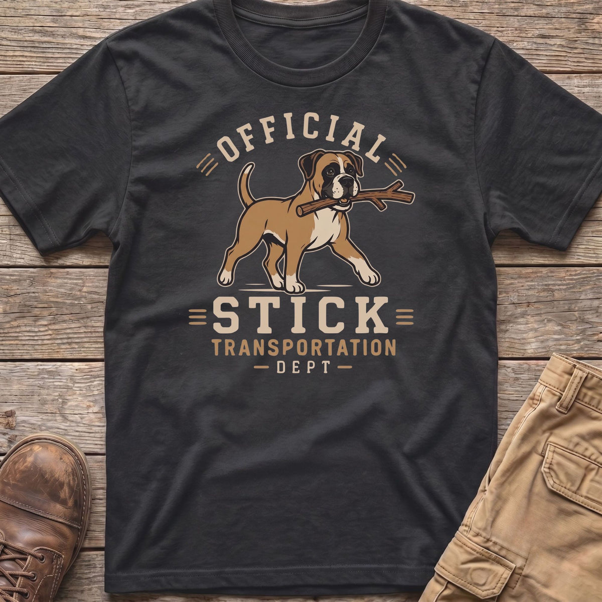 Dark t-shirt with "Official Stick Transportation Dept" text and a boxer dog carrying a stick.