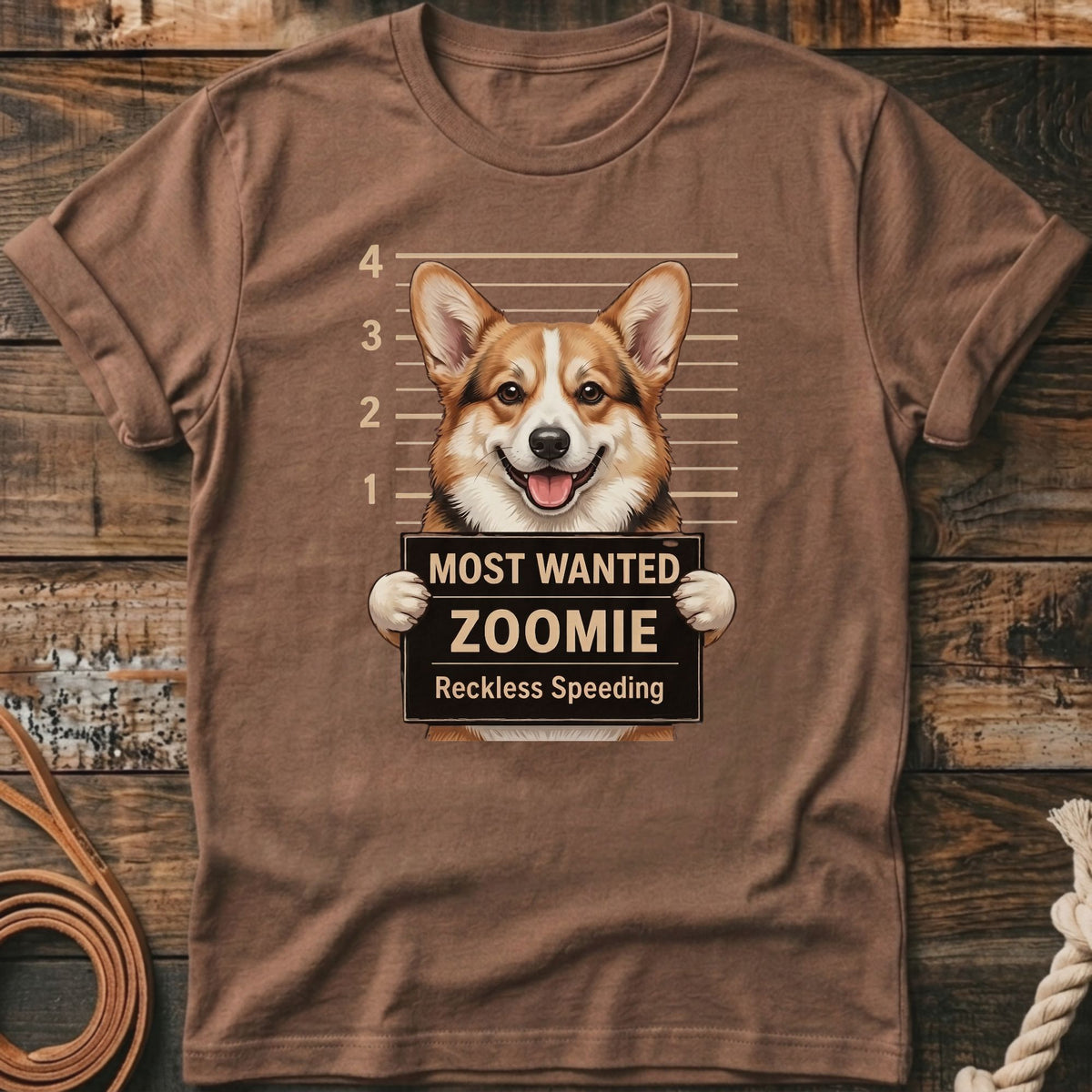 Corgi wearing a mugshot sign that reads "Most Wanted Zoomie, Reckless Speeding".