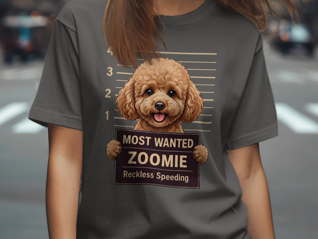 Brown poodle mugshot with "MOST WANTED ZOOMIE Reckless Speeding" text.