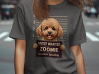 Brown poodle mugshot with "MOST WANTED ZOOMIE Reckless Speeding" text.