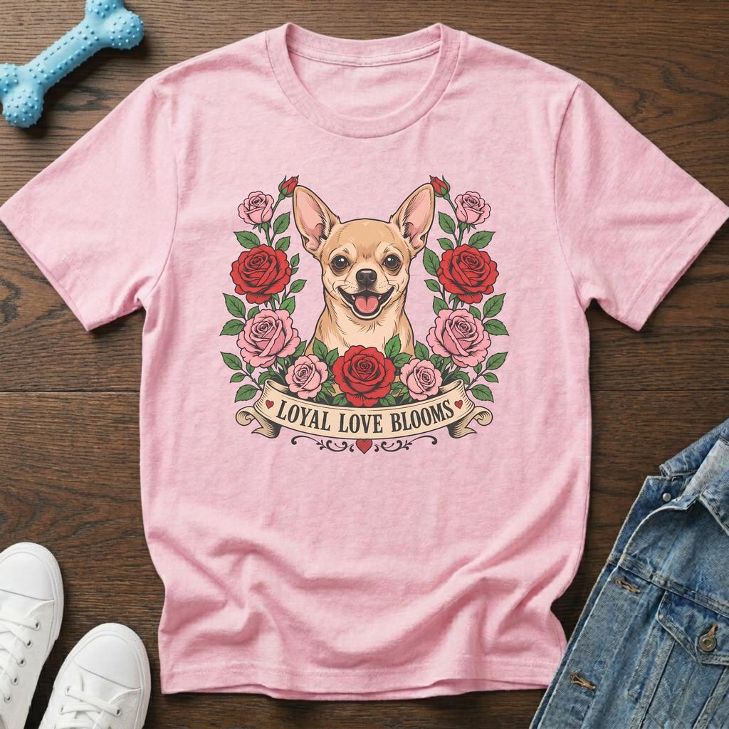 Pink t-shirt with chihuahua and roses graphic that reads "Loyal Love Blooms".