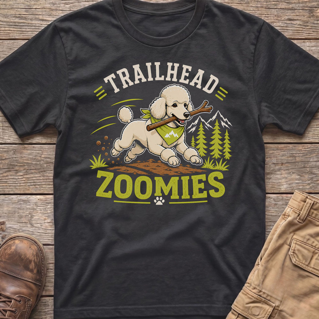 White poodle with bandana running with stick, "TRAILHEAD ZOOMIES" text.
