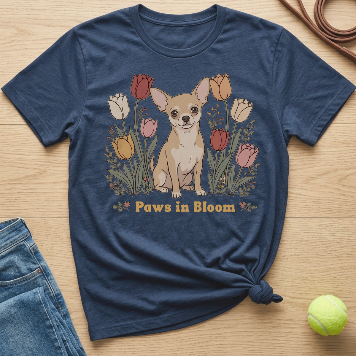 Navy t-shirt with a chihuahua sitting among colorful tulips and the text "Paws in Bloom".