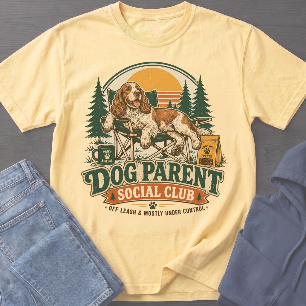Yellow t-shirt with "Dog Parent Social Club" text and a dog relaxing outdoors.