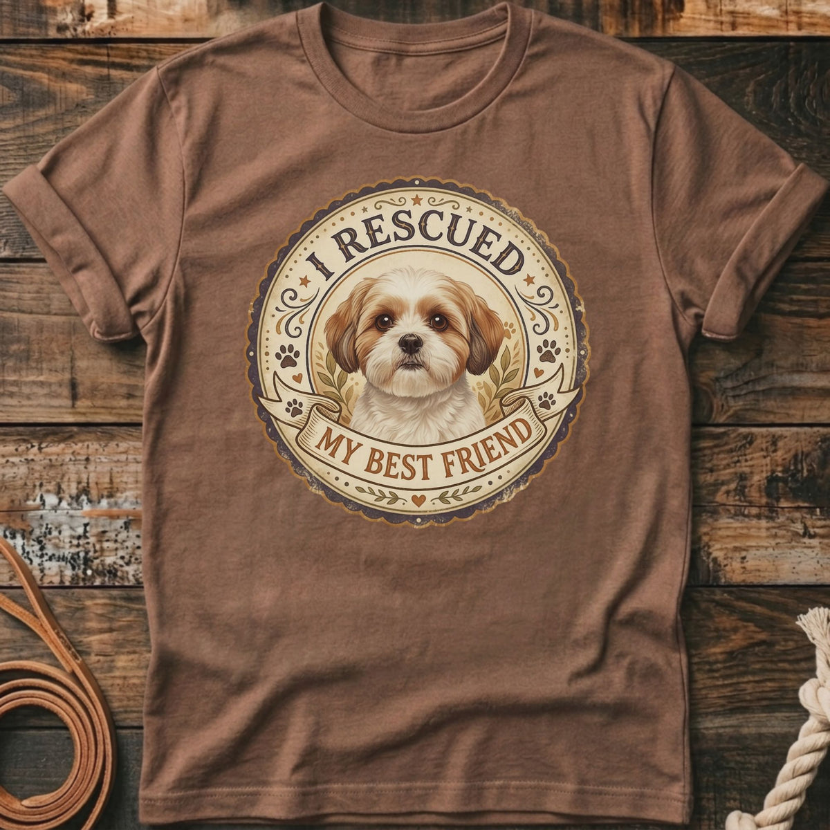 Brown t-shirt with a circular graphic featuring a dog and text "I RESCUED MY BEST FRIEND".