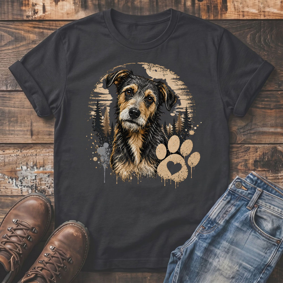 Dark grey t-shirt with a distressed graphic of a scruffy dog and a paw print.