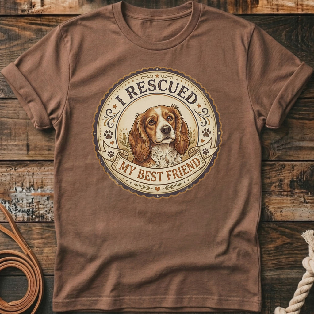 Brown t-shirt with a dog illustration and text "I RESCUED MY BEST FRIEND."
