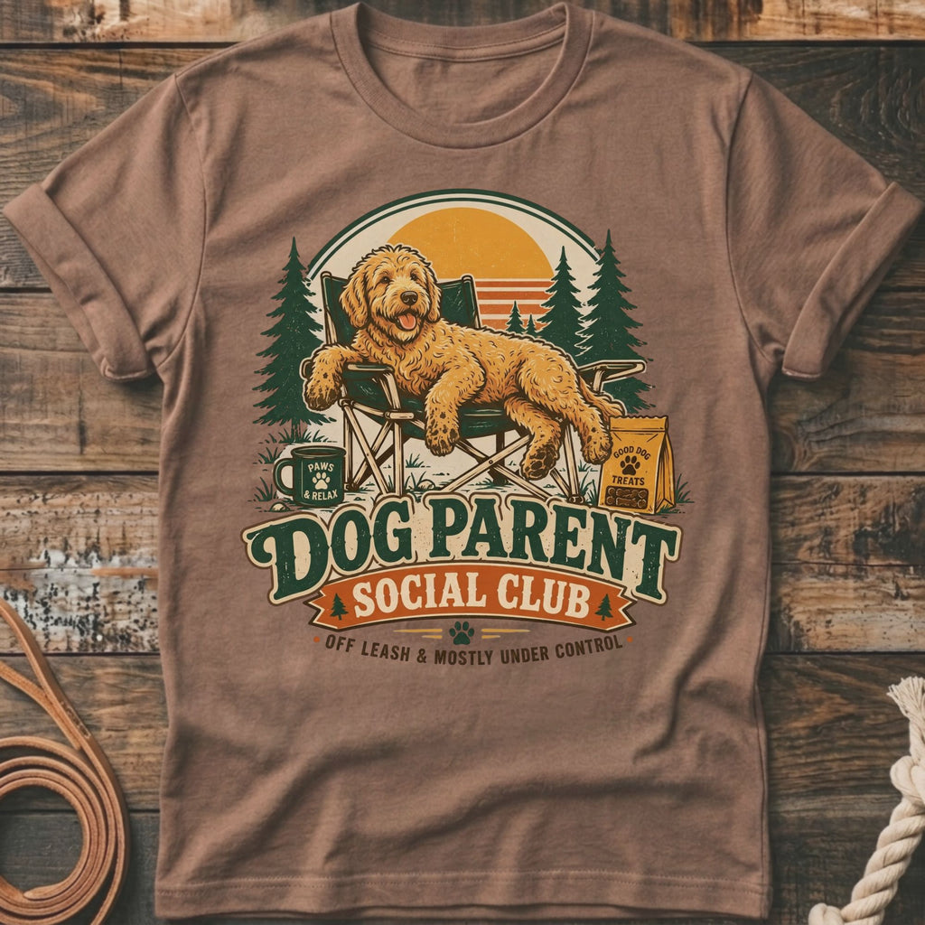 Goldendoodle relaxing in camping chair with text "Dog Parent Social Club".