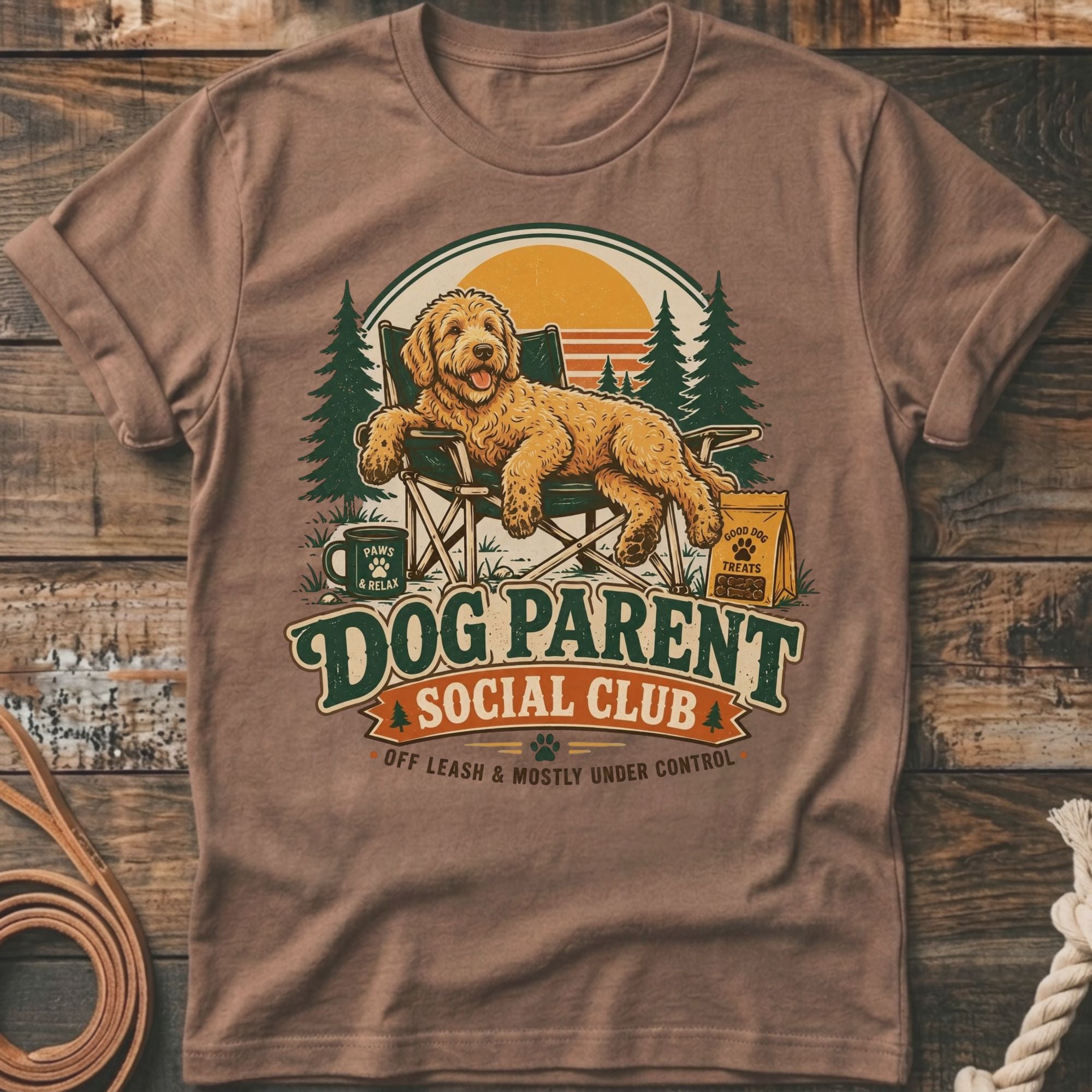 Goldendoodle relaxing in camping chair with text "Dog Parent Social Club".