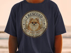 T-shirt with a rescued Pomeranian dog graphic reading "I RESCUED MY BEST FRIEND".
