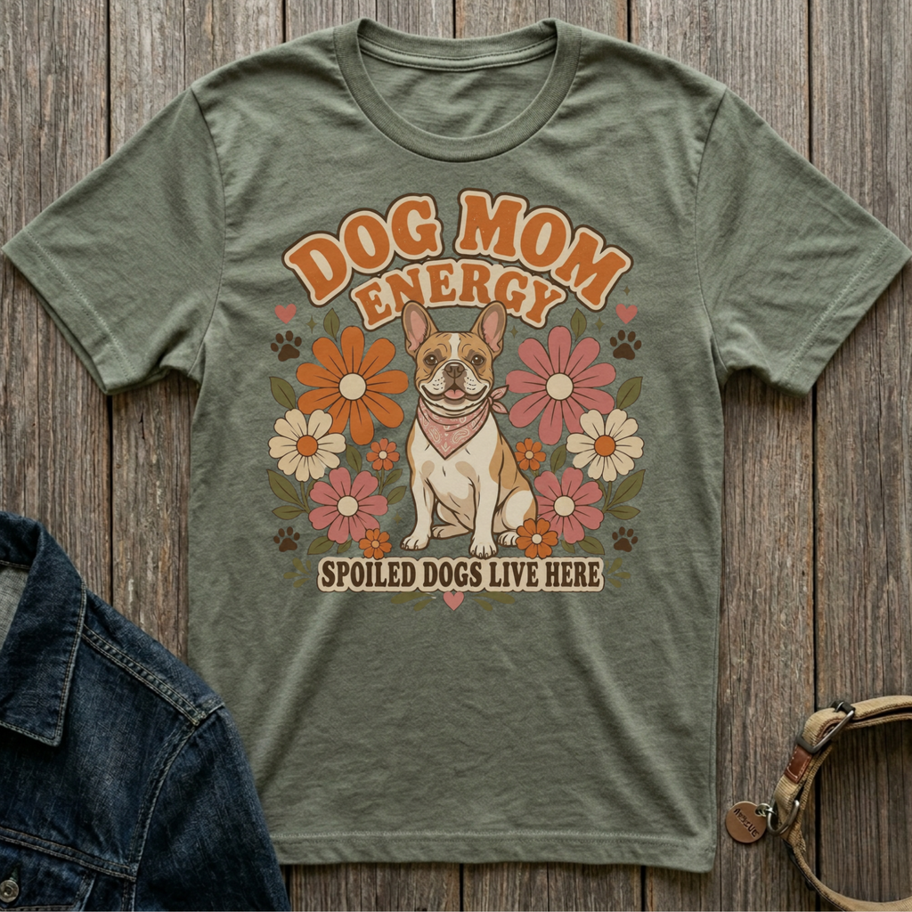 French bulldog with "Dog Mom Energy" and "Spoiled Dogs Live Here" text.